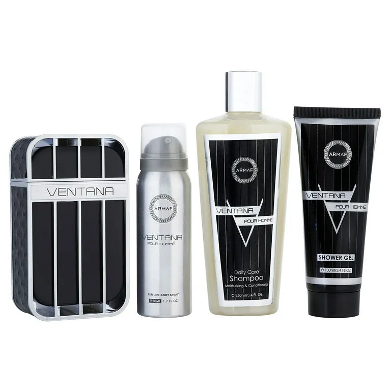 Set Armaf Ventana Men (4 Pc) Eau de Parfum (EDP) Spray 3.4 oz / 100 ml / Shower Gel 3.4 oz / 100 ml / Shampoo 8.4 oz / 250 ml /Body Spray: 1.7 oz / 50 ml | wmafusion:6294015105285