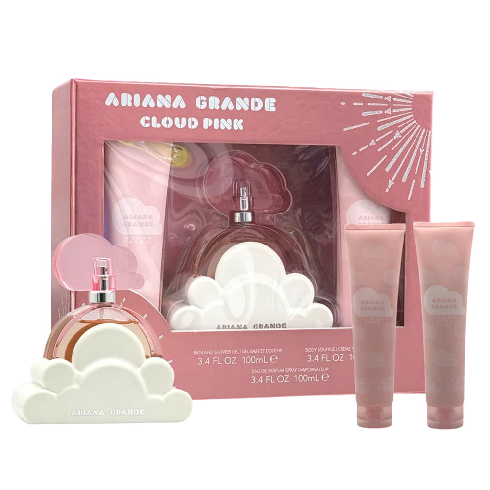 Ariana Grande Ladies Cloud Pink Set (3Pc) Eau de Parfum (EDP) Spray 3.4 oz / 100 ml / Shower Gel 3.4 oz / 100 ml / Body Soufflé 3.4 oz / 100 ml | wmafusion:810101507151
