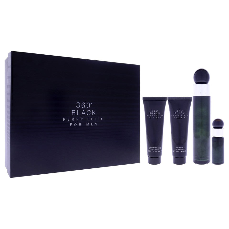 Set Perry Ellis 360 Black Men (4 Pc) Eau de Toilette (EDT) Spray 3.4 Oz / 100 ml /  Shower Gel 3.4 oz / 100 ml / After Shave 3.4 oz / 100 ml / Mini Travel spray Eau De Parfum (EDP) 0.25 oz / 7.5 ml | wmafusion:844061008786