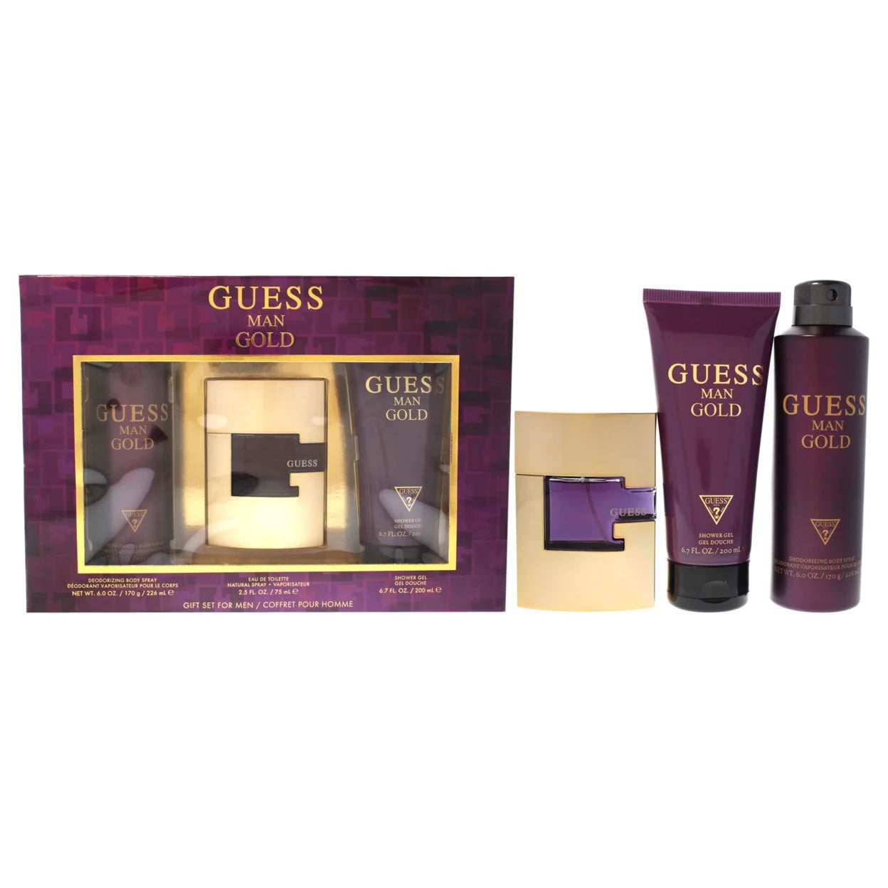 Guess Man Gold Gift Set Eau de Toilette (EDT) 2.5 oz / 75 ml / Shower Gel 6.7 oz / 200 ml / Body Spray 6.0 oz / 170 ml | wmafusion:85715329875